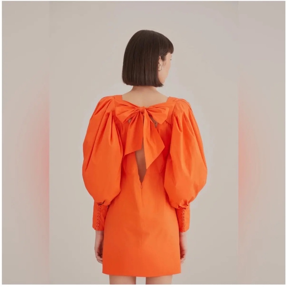 FARM Rio, NEW Orange Mini Dress, Open Back, Lantern Sleeves with Bow, Size XS